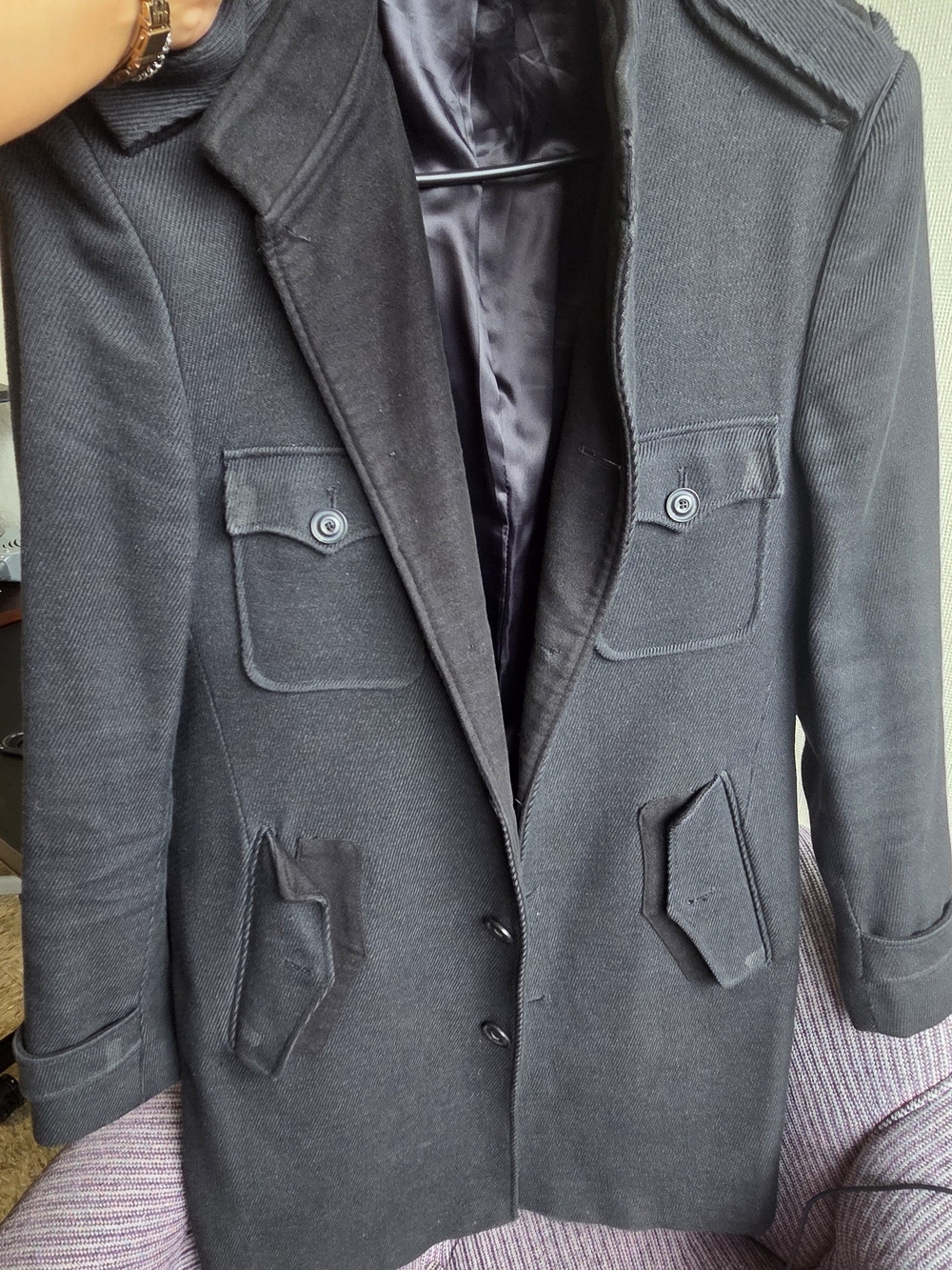Zara Men's Black Pea Coat with Patch Pockets
